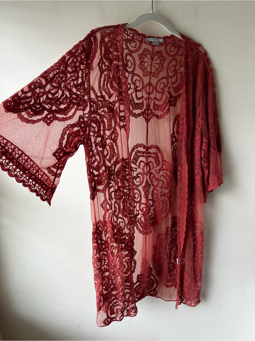 Whimsigoth Boho Romantic Favlux Lace Kimono Long Open Cardigan Mauve Dusty Pink